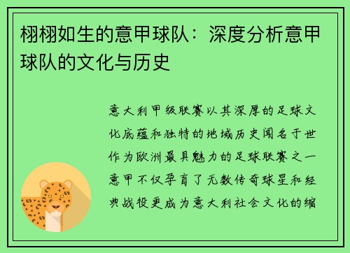 栩栩如生的意甲球队：深度分析意甲球队的文化与历史