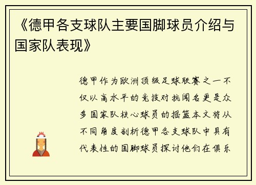 《德甲各支球队主要国脚球员介绍与国家队表现》